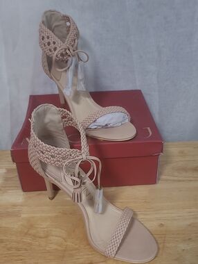 Braided Ankle-Tie Nude High Heel Sandals - Women